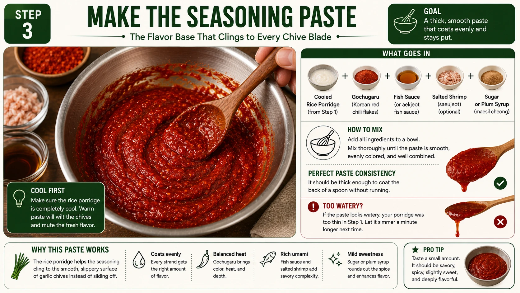 Mixing cooled rice porridge with gochugaru fish sauce and sugar into a smooth red seasoning paste