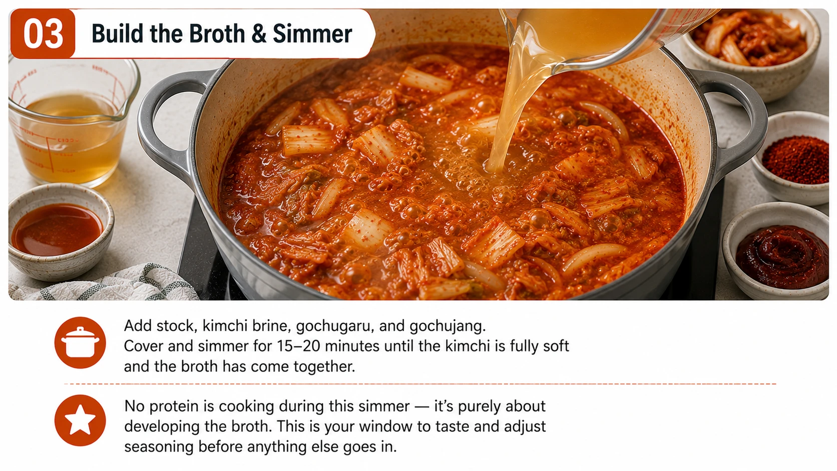 Adding stock and simmering broth for spam kimchi jjigae