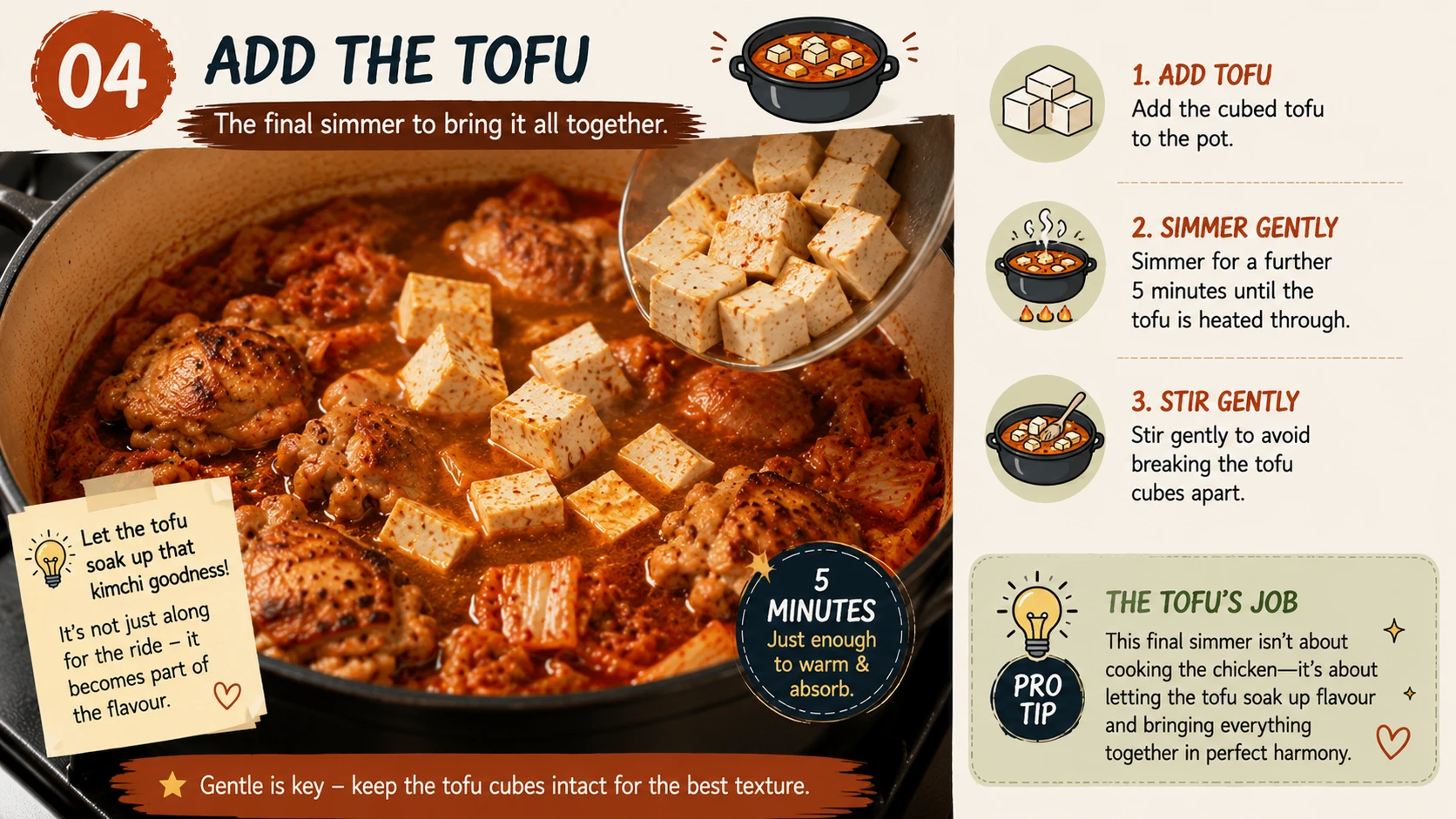 Adding cubed tofu to chicken kimchi jjigae