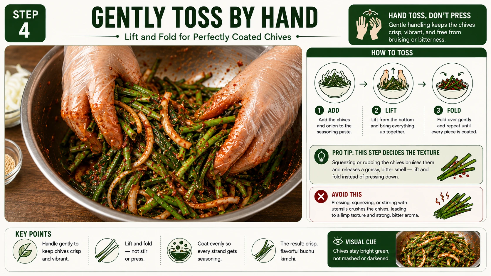 Gently hand tossing cut garlic chives and sliced onion in red seasoning paste for buchu kimchi