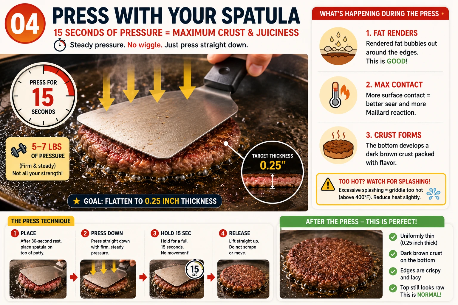 Pressing burger patty with metal spatula, firm downward pressure