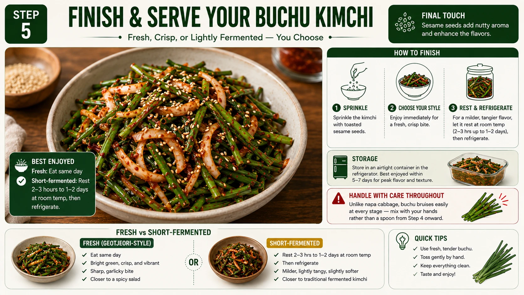 Finished buchu kimchi sprinkled with sesame seeds ready to serve fresh or rest for fermentation