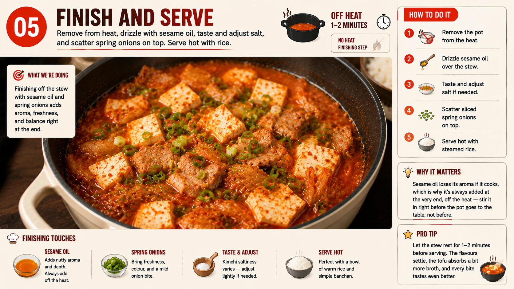 Classic kimchi jjigae finished plated with sesame oil and spring onions