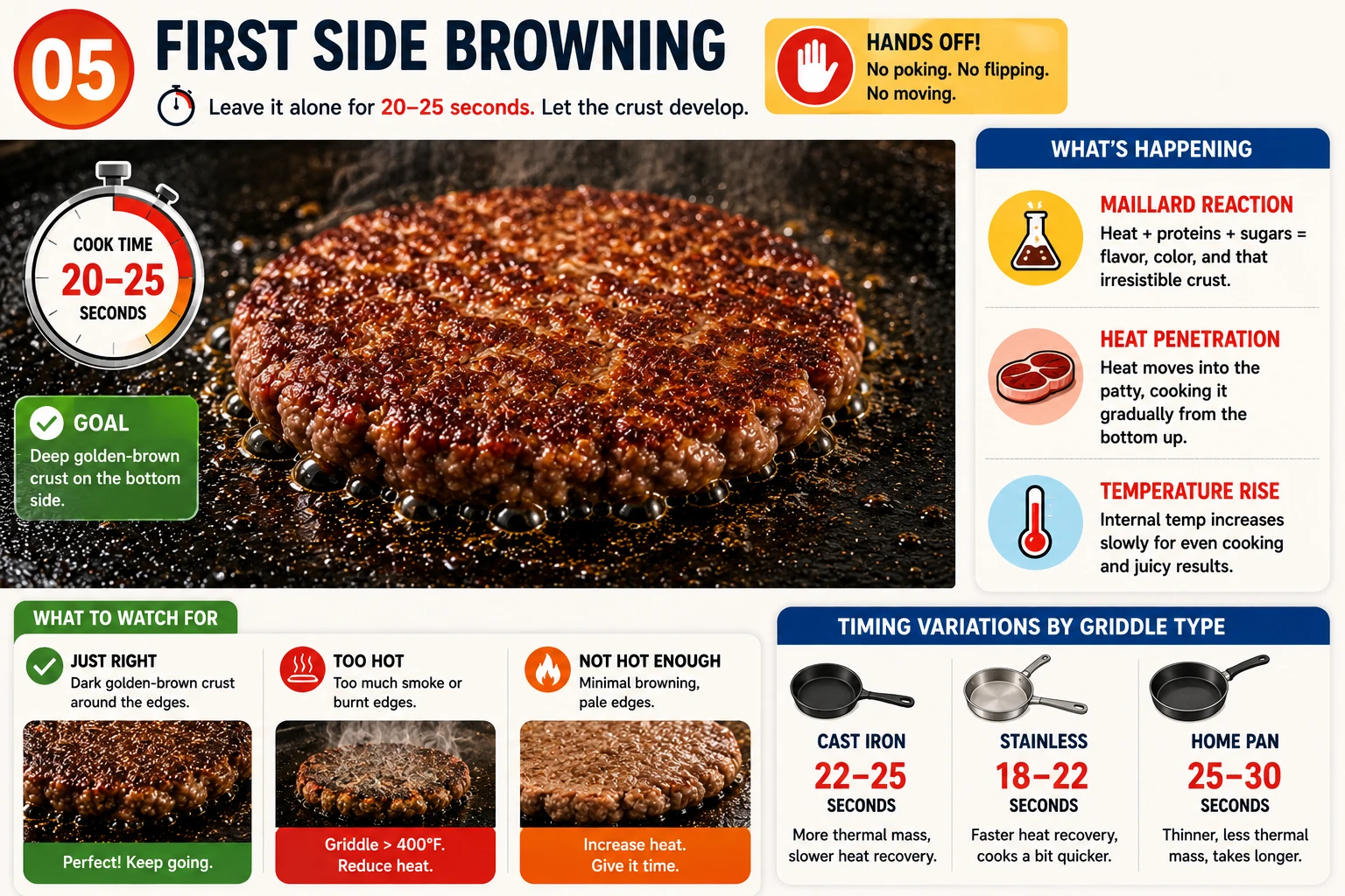 First side browning on griddle, dark golden crust forming