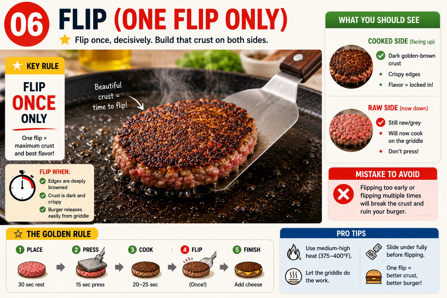 Flipping burger with spatula, dark crust on bottom side visible