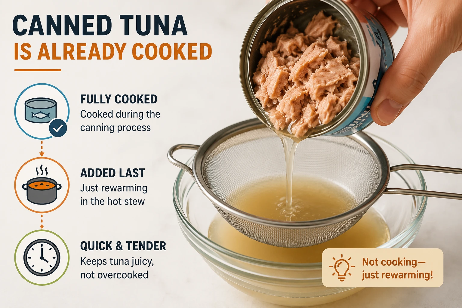 Draining canned tuna for tuna kimchi jjigae