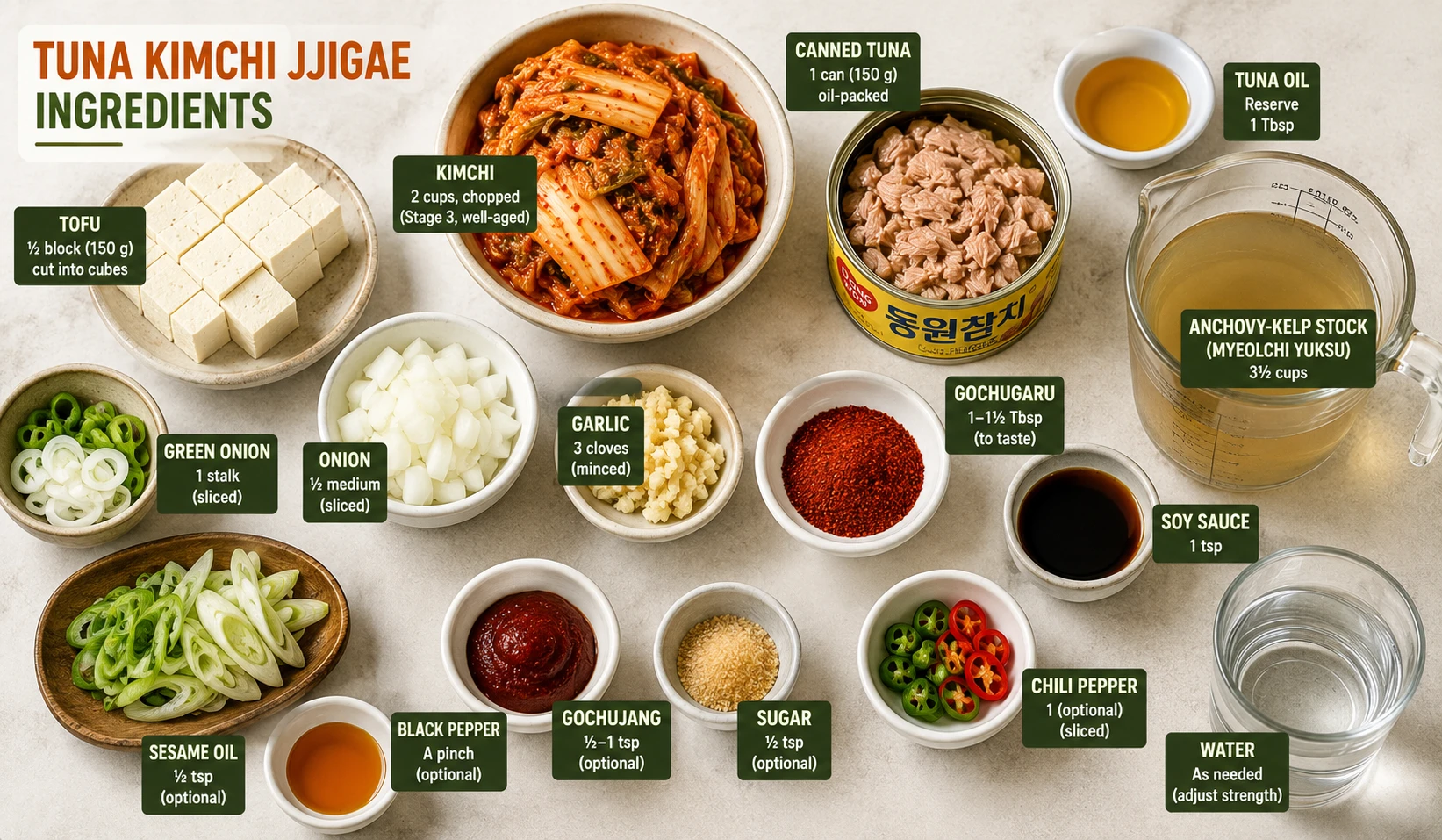 All ingredients for tuna kimchi jjigae laid out including canned tuna kimchi tofu gochugaru