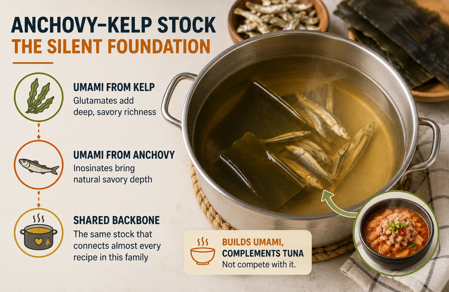 Anchovy kelp stock myeolchi yuksu base for tuna kimchi jjigae