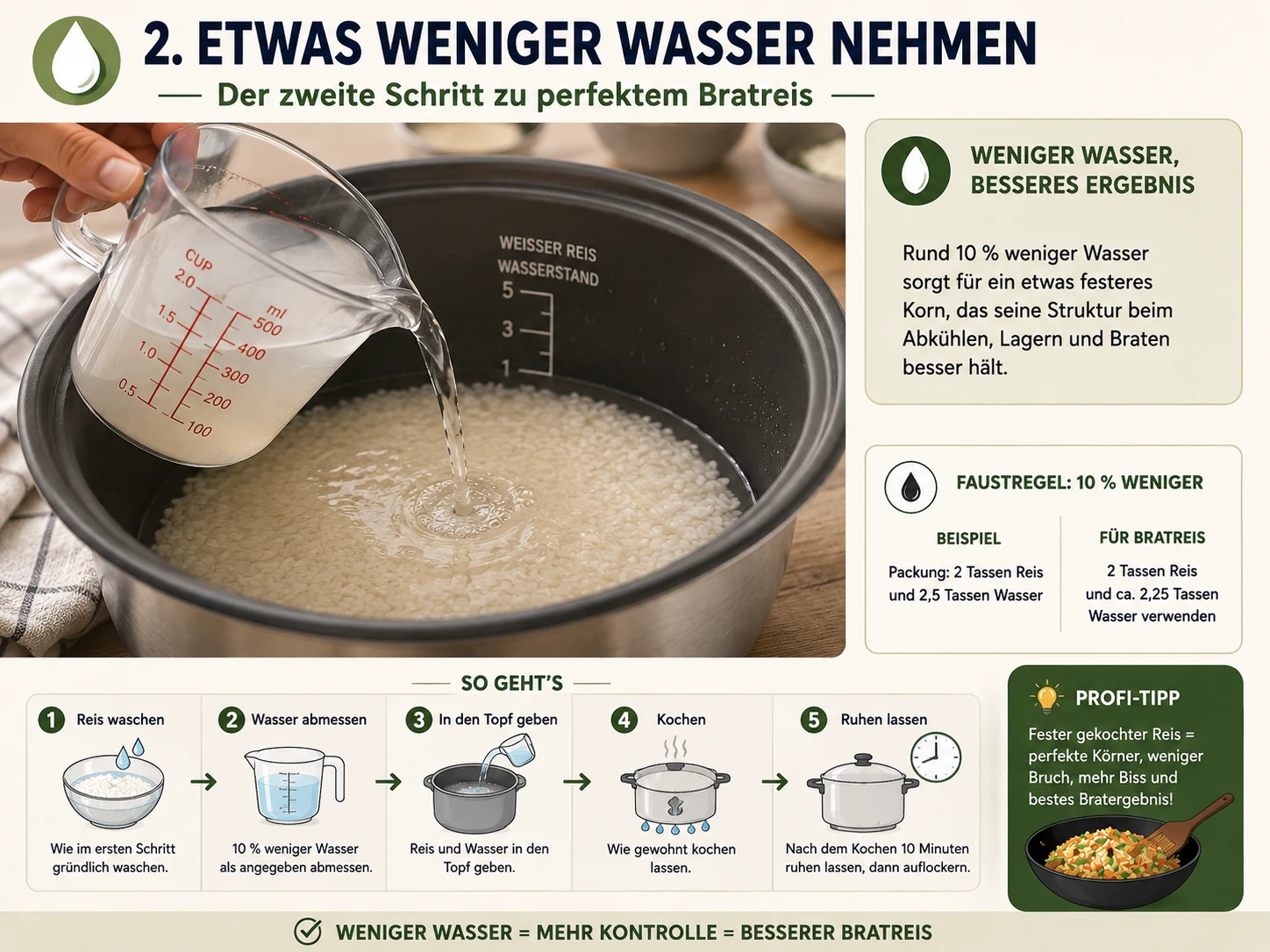 Etwas weniger Wasser als üblich in einen Topf mit gewaschenem Reis für festeren Bratreis abmessen