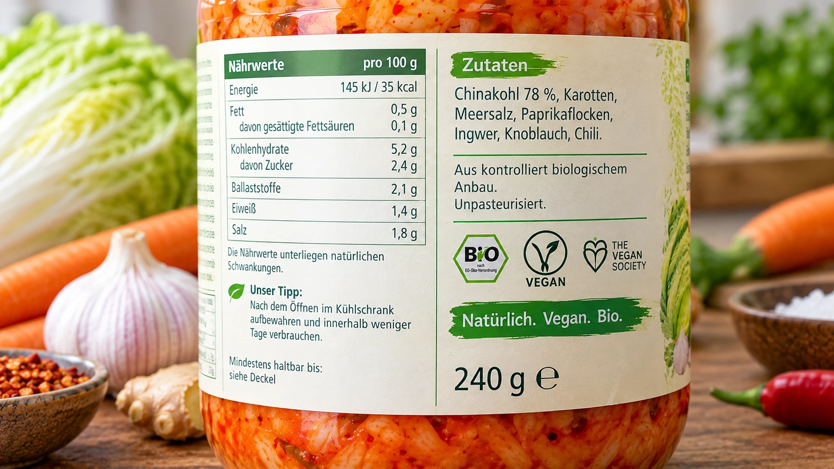 Alnatura Kimchi Mildes Kimchi Naehrwerte Etikett Nahaufnahme