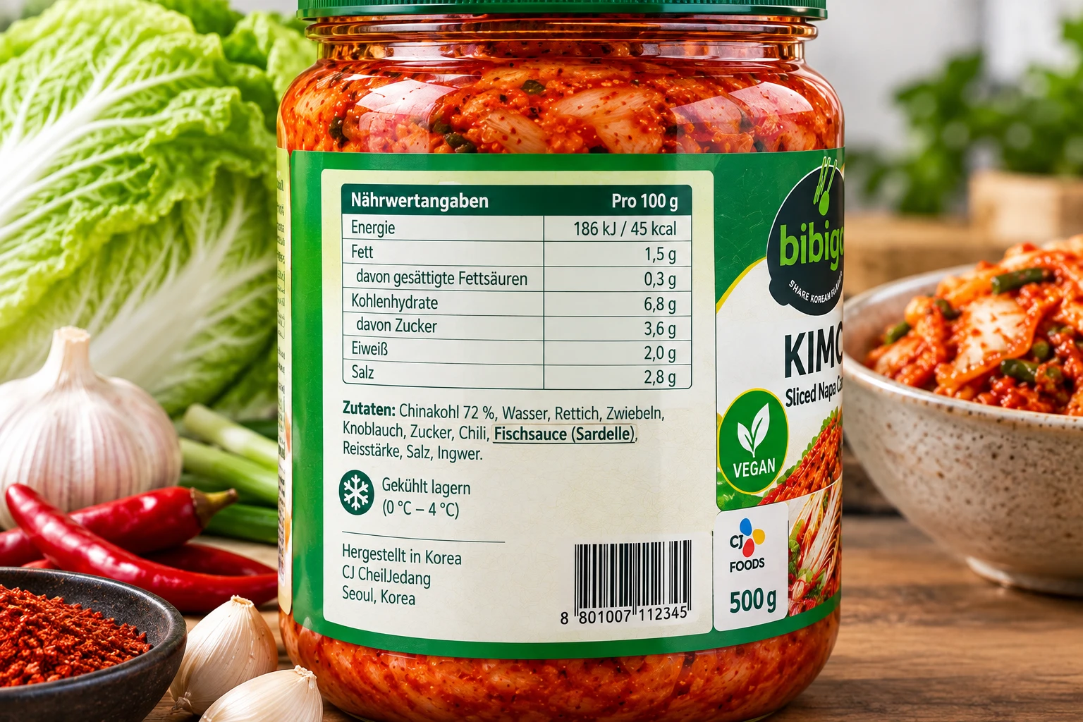 Bibigo Kimchi Naehrwerte Etikett Nahaufnahme