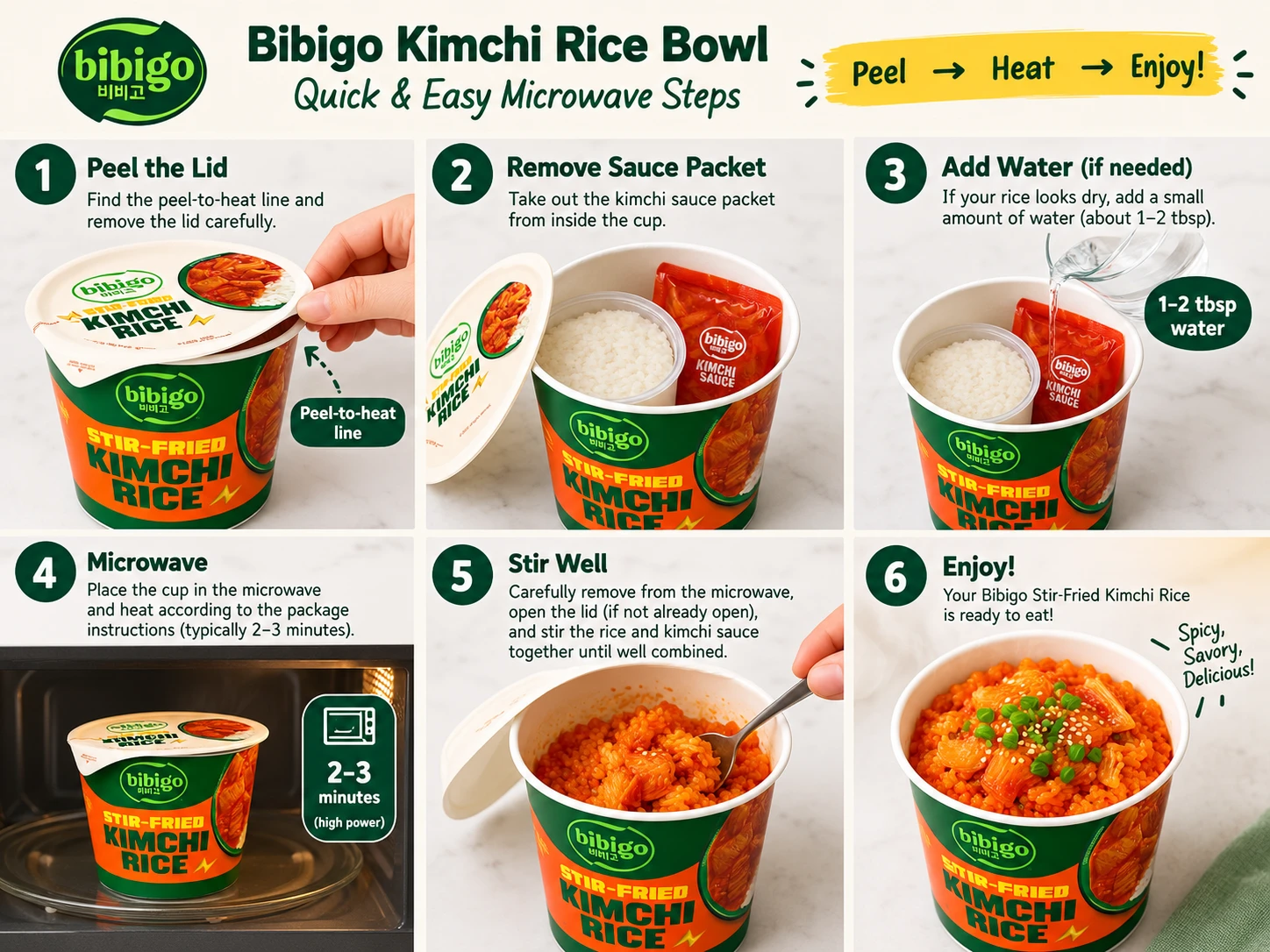 Bibigo kimchi rice bowl microwave steps showing the peel-to-heat line