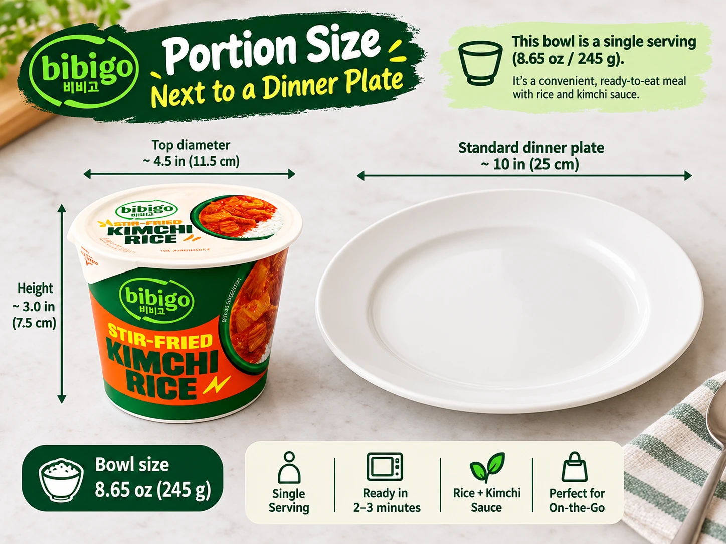 Bibigo kimchi rice bowl portion size next to a dinner plate for scale