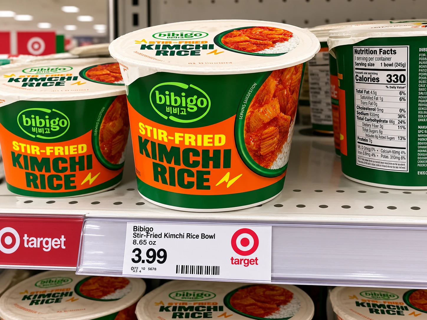 Bibigo kimchi rice bowl on a Target shelf with price tag