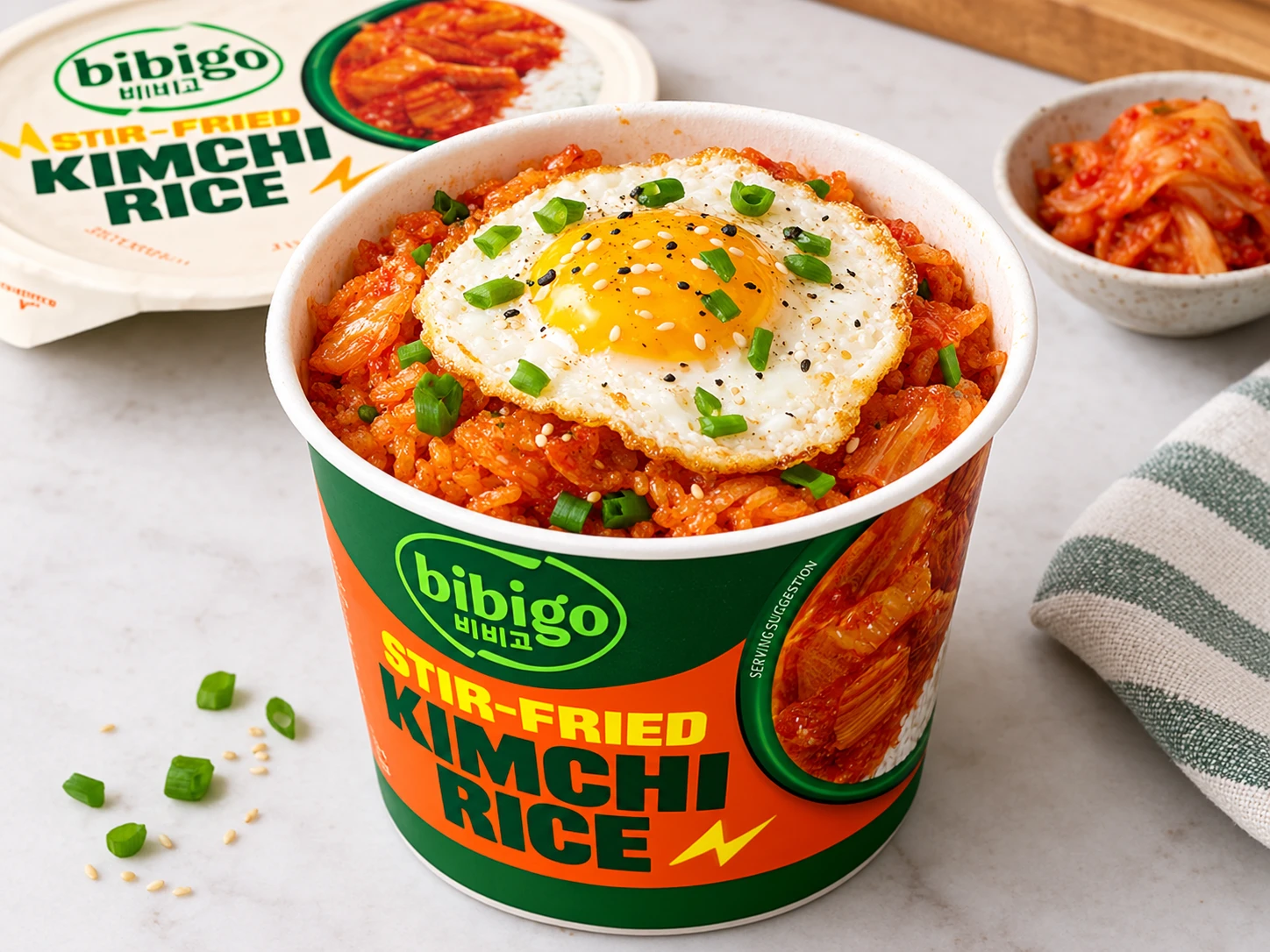 Bibigo kimchi rice bowl topped with a fried egg