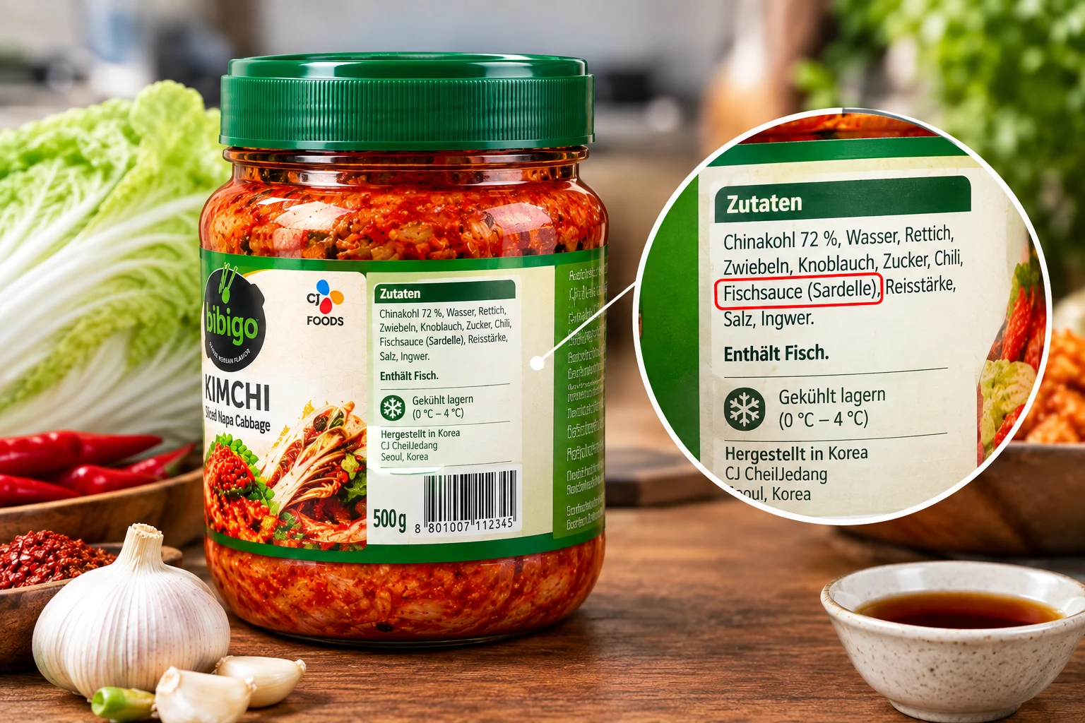 Bibigo Kimchi Zutatenliste Etikett gekuehlt Fischsauce
