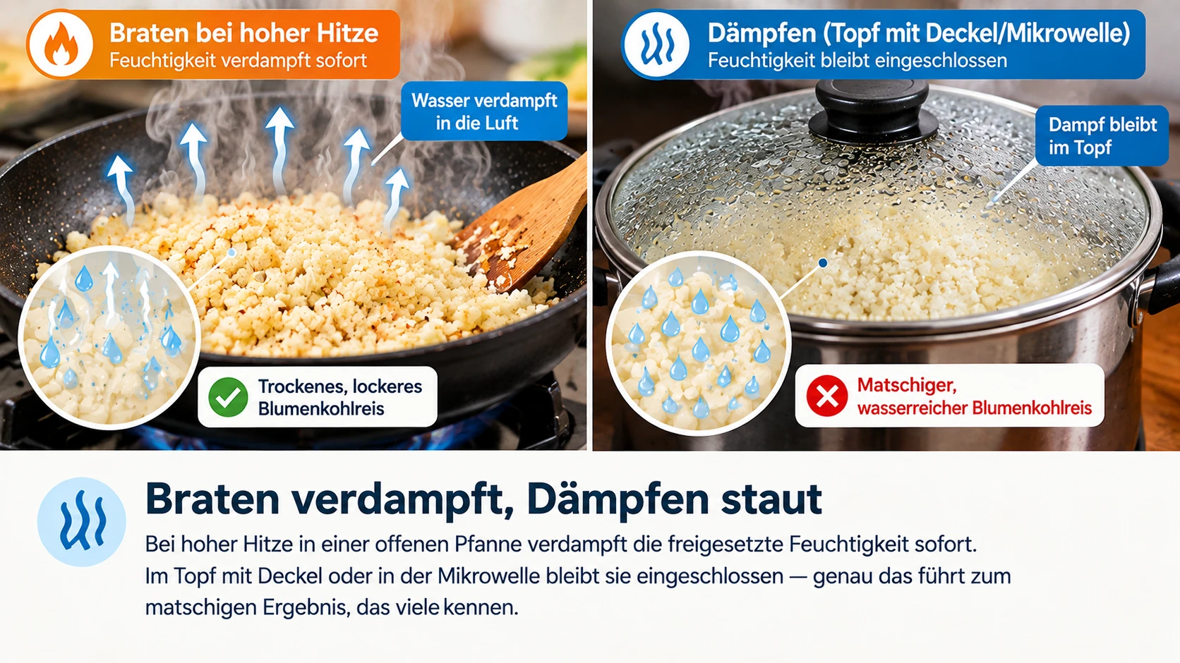Braten bei hoher Hitze verdampft Feuchtigkeit, Dämpfen staut sie ein