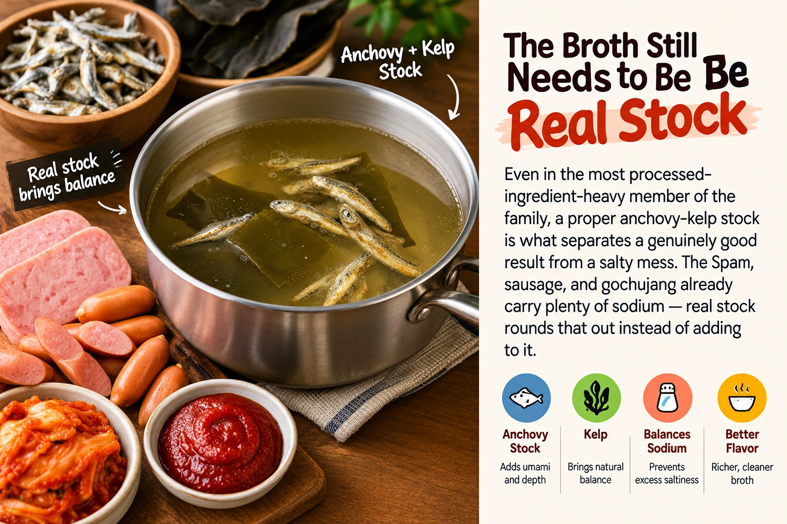 Real anchovy kelp stock balancing budae jjigae saltiness