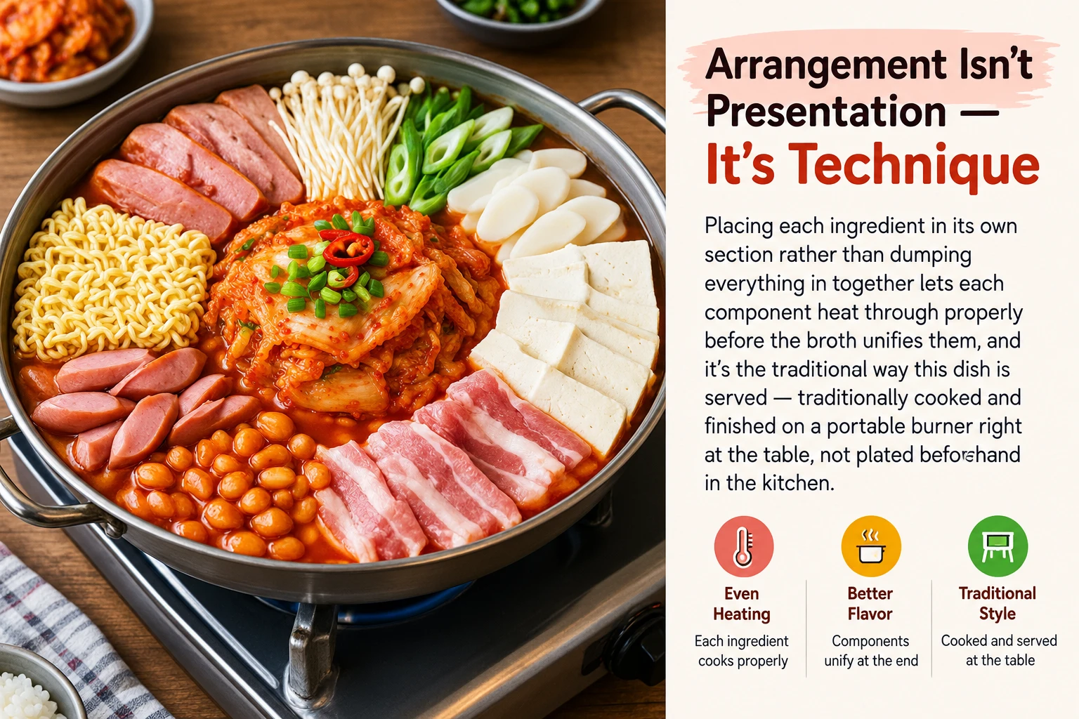 Budae jjigae ingredients arranged in sections in wide pot