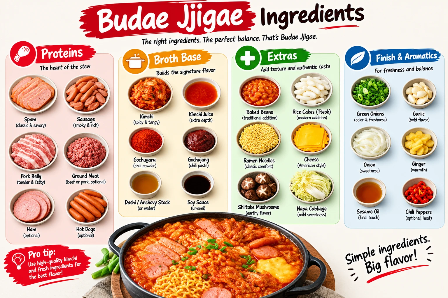 Labeled infographic breakdown of budae jjigae ingredients by category: proteins, broth base, extras, finish