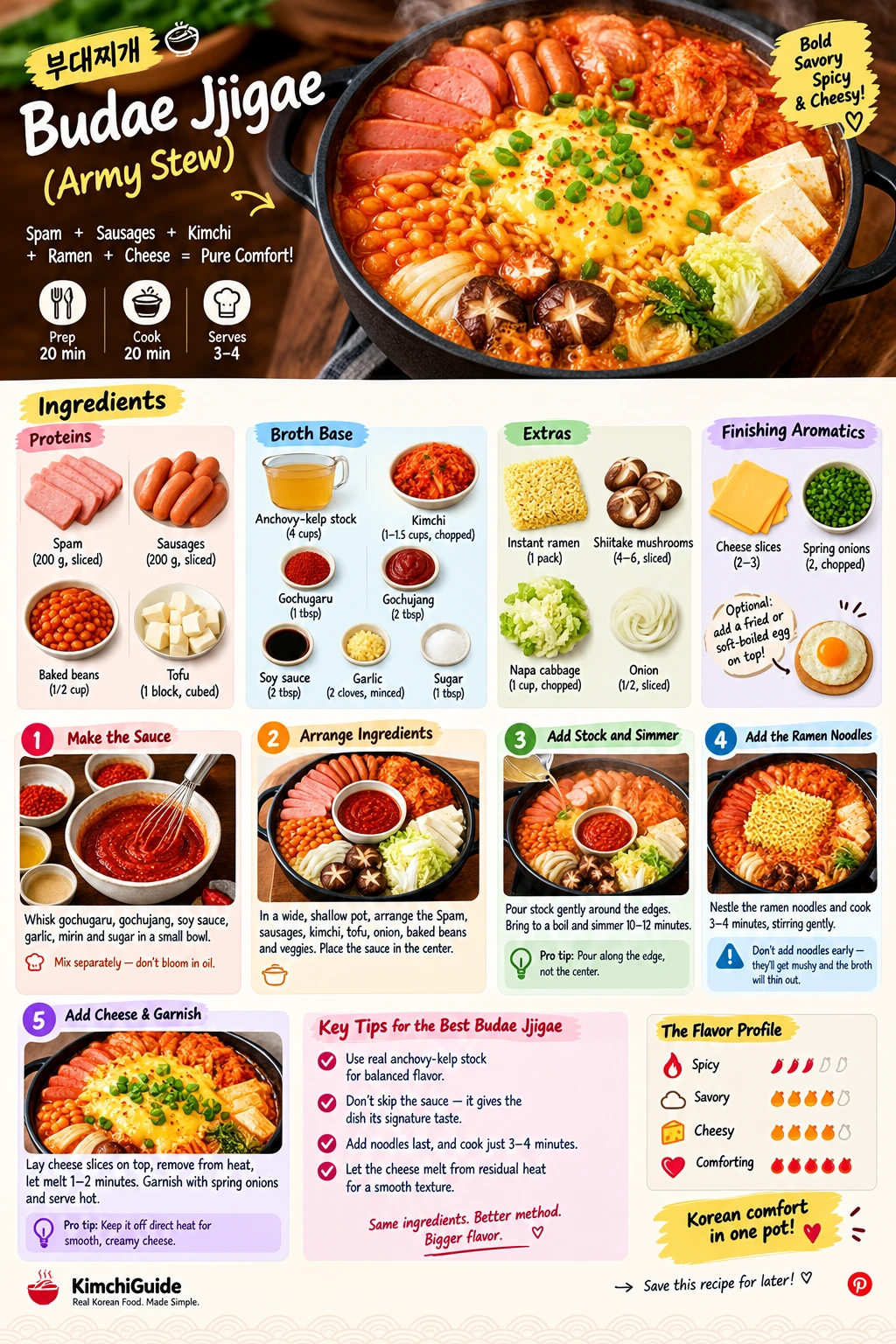 Budae jjigae army stew with Spam sausage kimchi noodles and melted cheese