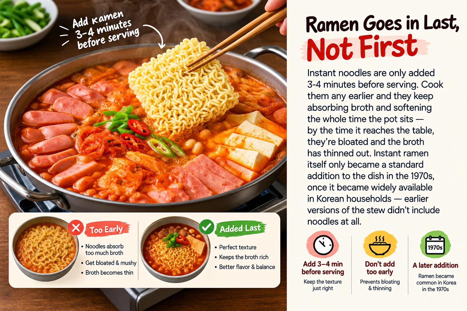 Ramen noodles added last to budae jjigae broth