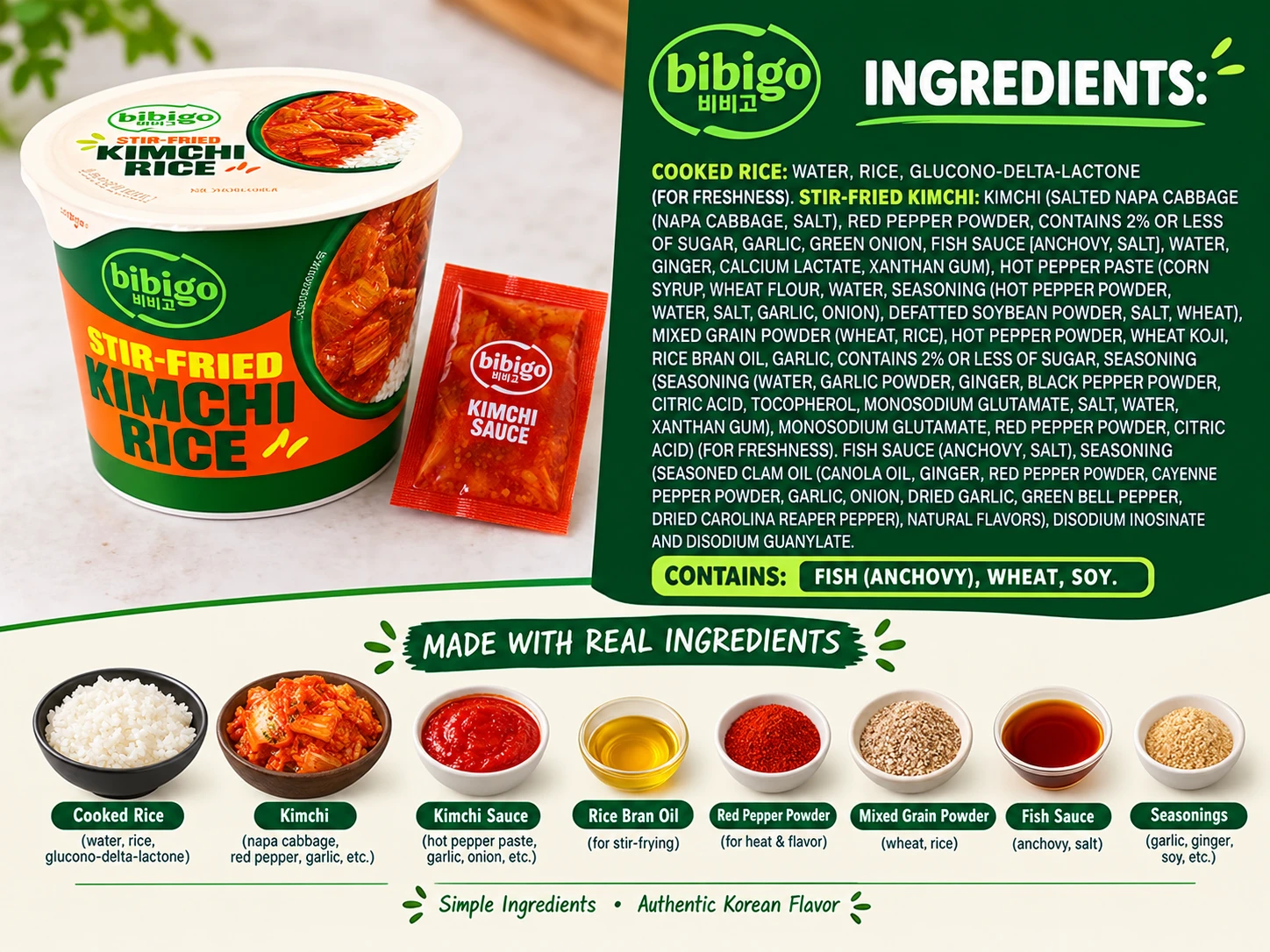 Ingredients label on the Bibigo kimchi rice bowl