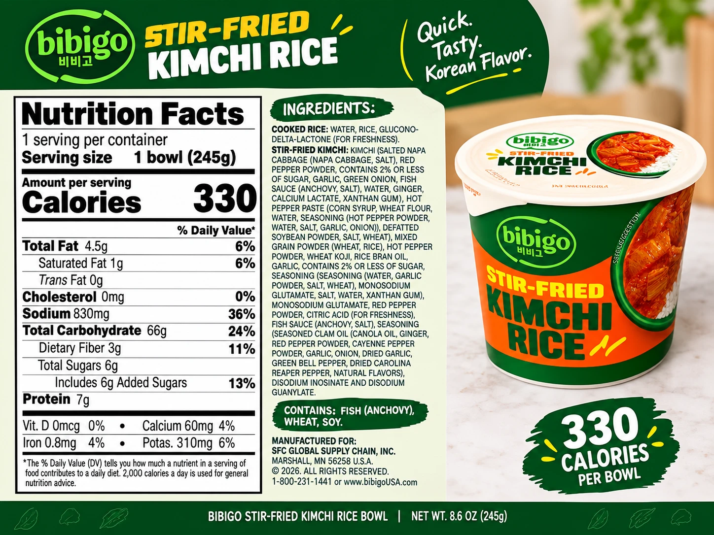 Bibigo stir fried kimchi rice bowl review: nutrition facts label