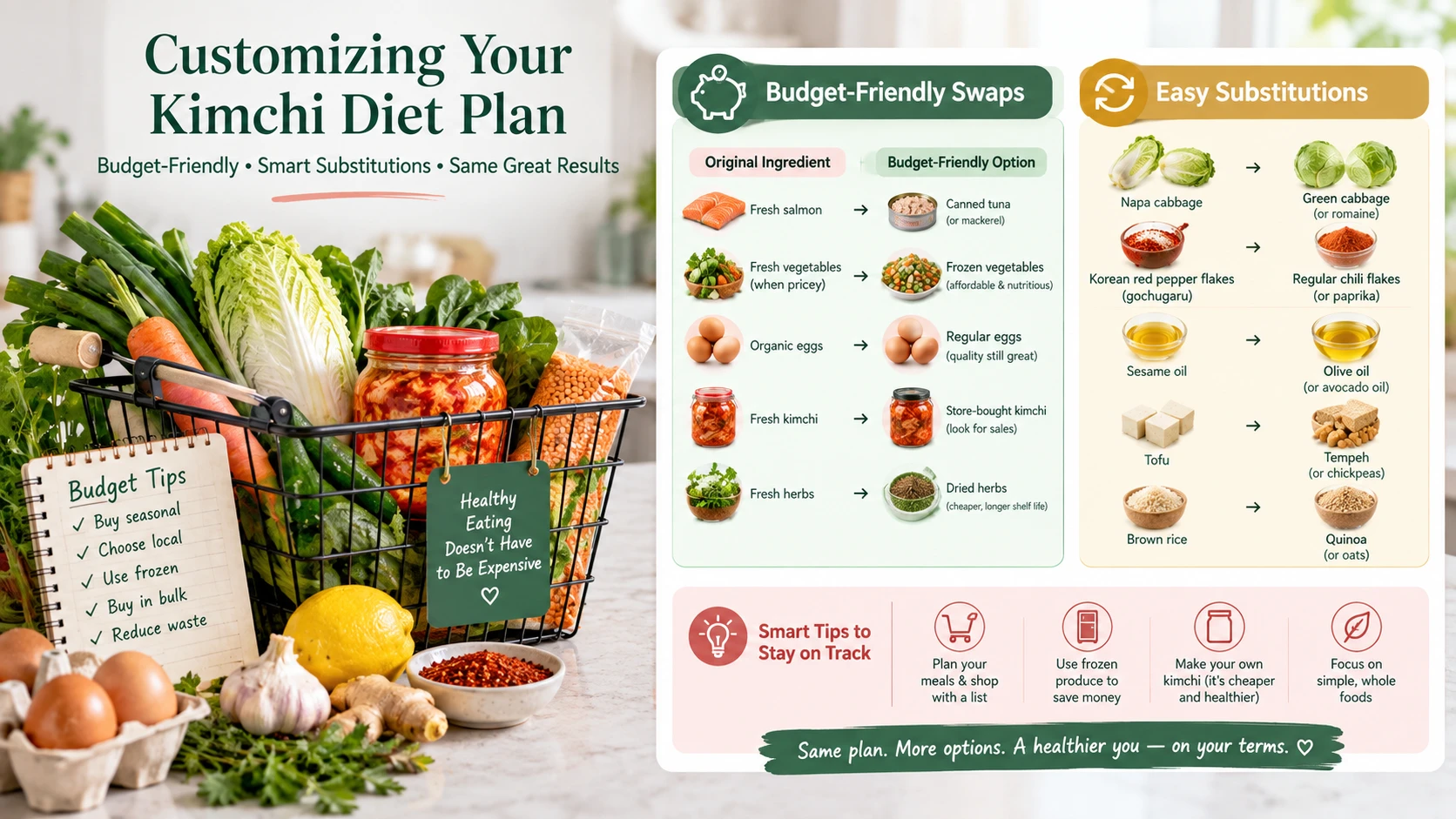 Grocery basket with budget-friendly 30-day kimchi diet plan ingredient substitutions
