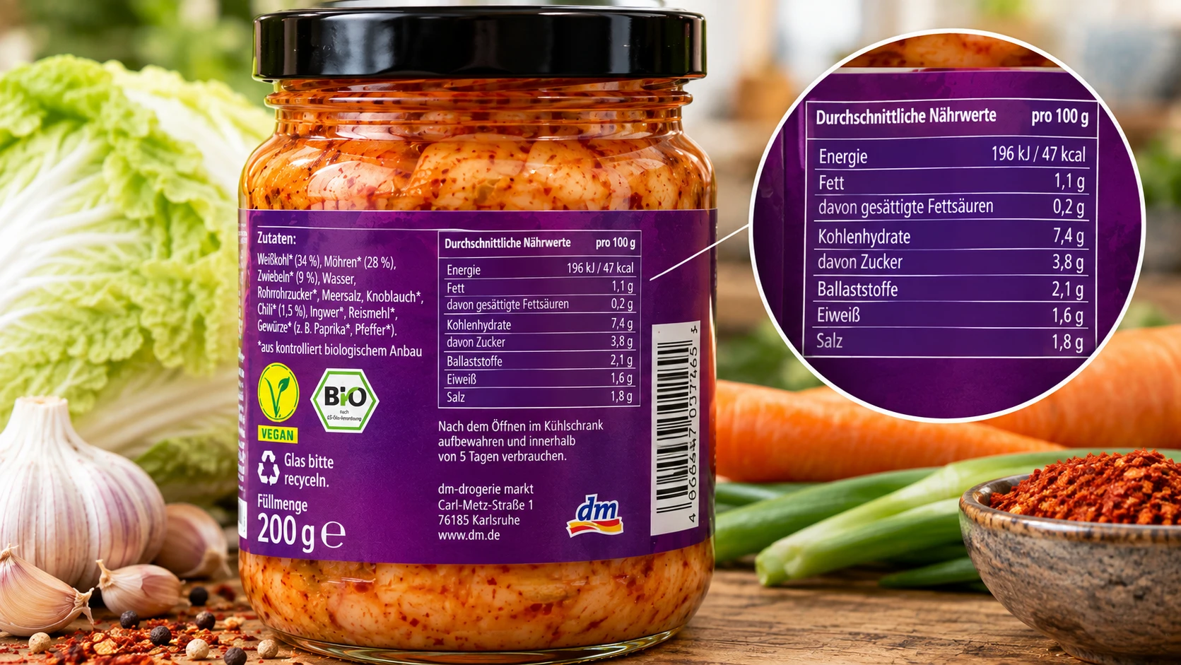 dmBio Kimchi Naehrwerte Etikett Nahaufnahme