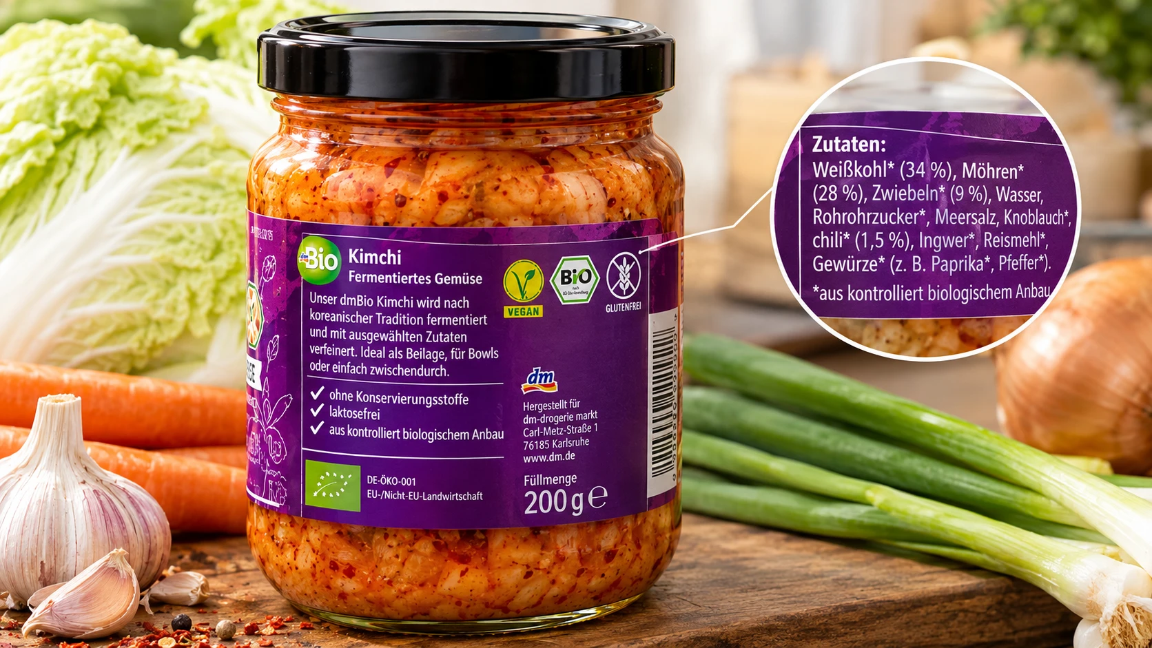 dmBio Kimchi Zutaten Etikett Nahaufnahme