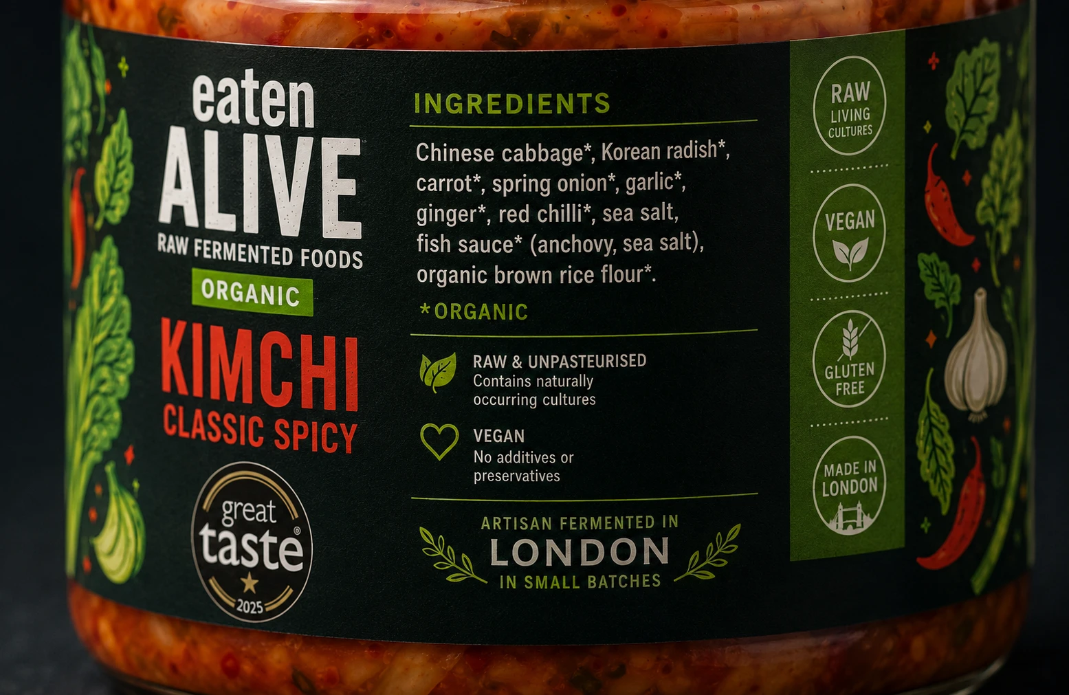 Eaten Alive kimchi ingredients label closeup artisan London