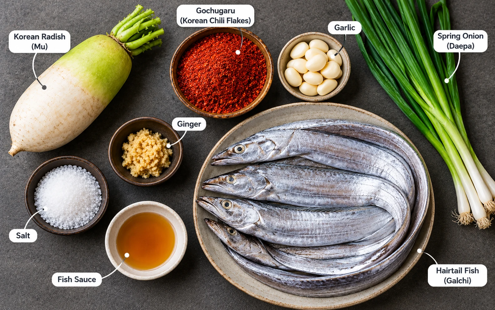 Flat lay of ingredients for galchi kimchi including fresh hairtail fish, Korean radish, gochugaru, garlic and spring onion