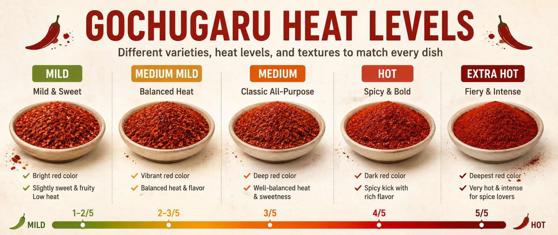 Gochugaru varieties from mild to hot, different colors and particle sizes