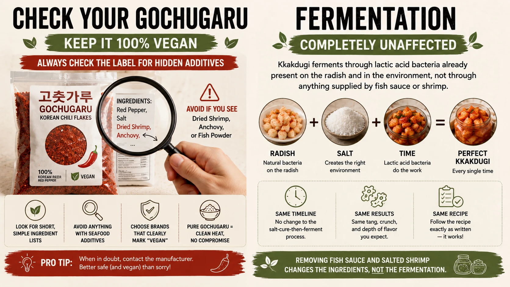 Gochugaru chili flake label being checked for hidden dried shrimp or anchovy additives