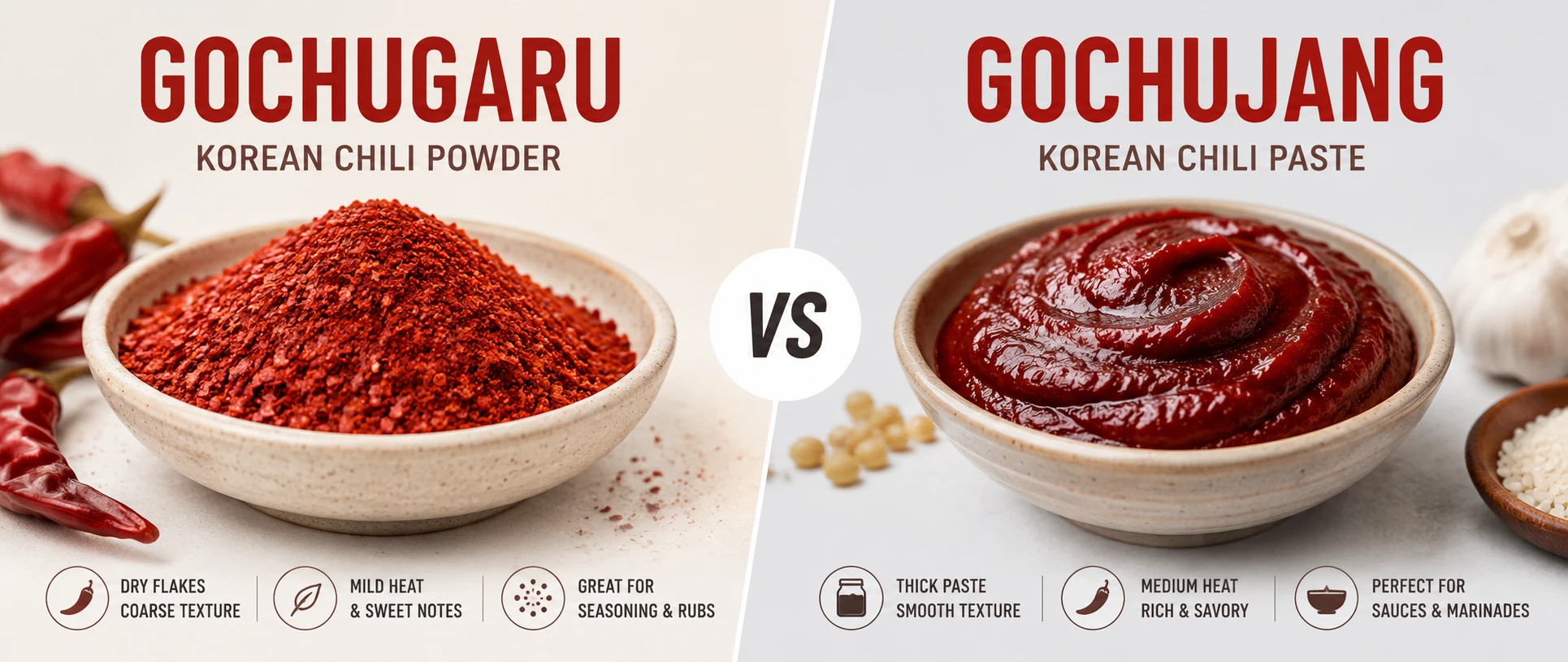 Gochugaru powder vs gochujang paste side by side