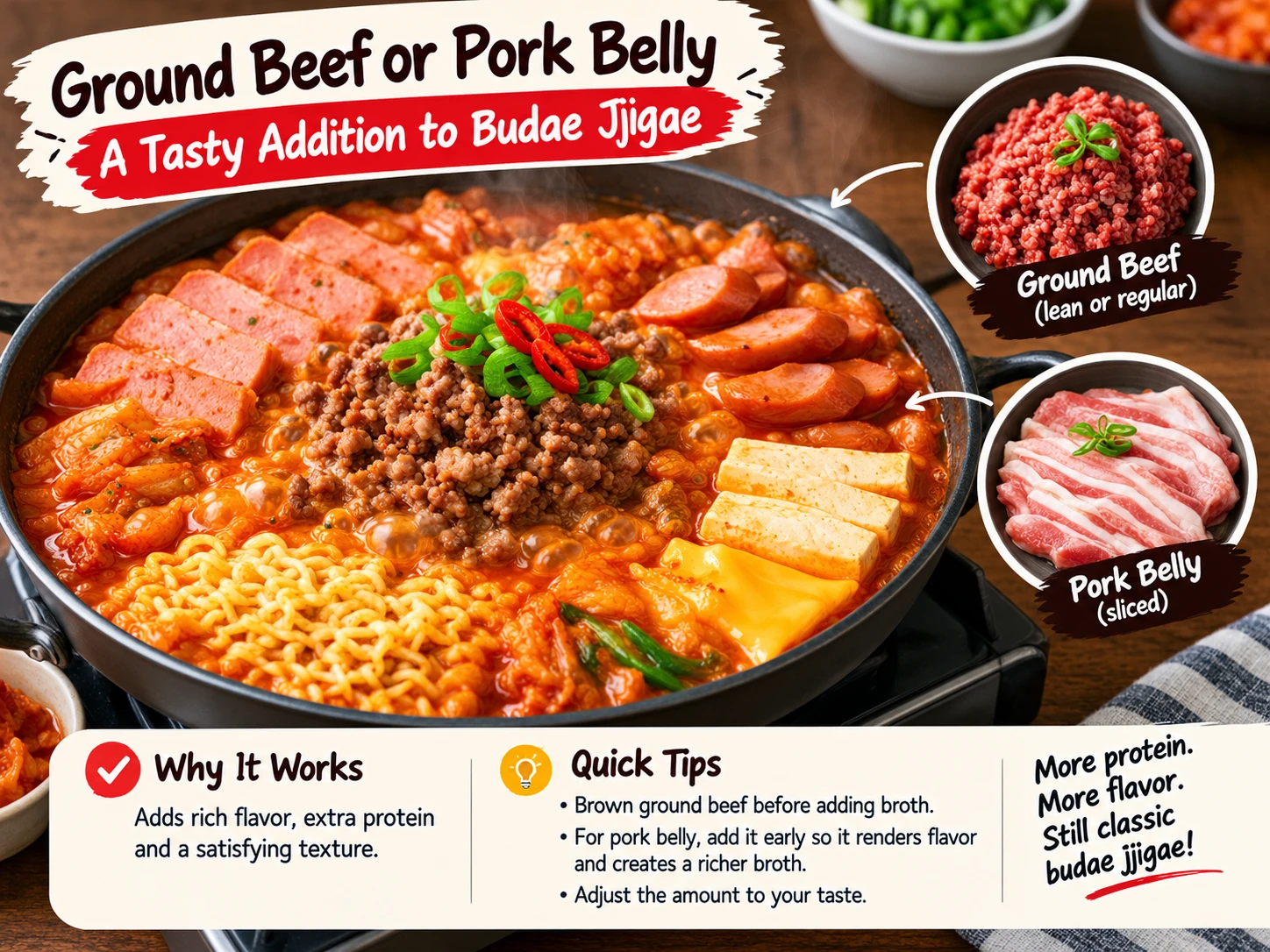 Ground beef or pork belly addition budae jjigae