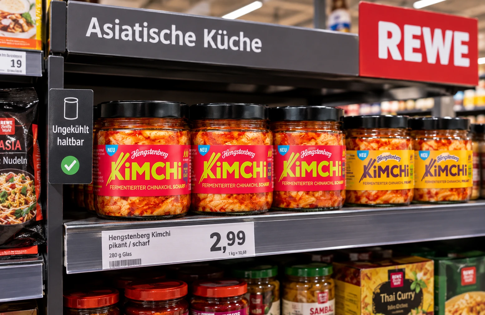 Hengstenberg Kimchi Regal REWE ungekuehlt Supermarkt