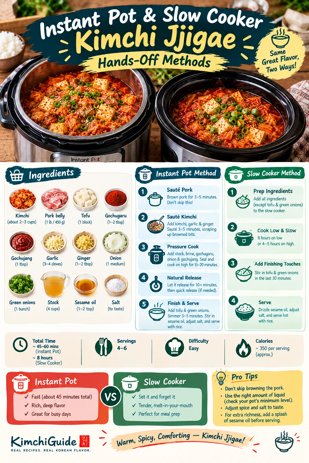 Instant Pot kimchi jjigae next to a slow cooker version, side by side comparison