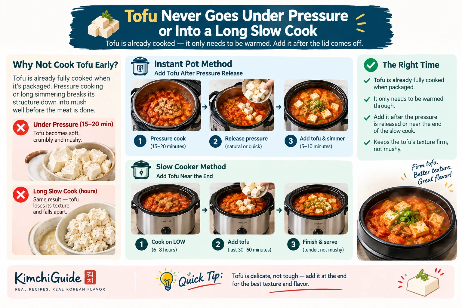 Tofu added after pressure release for kimchi jjigae