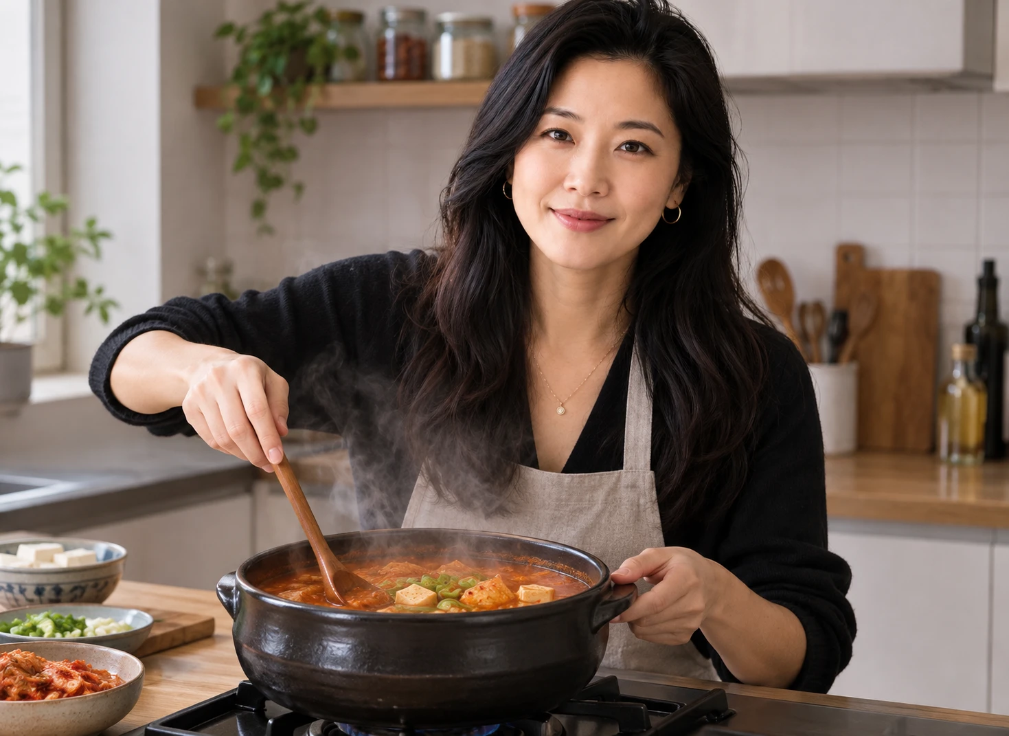 Ji-Young Park cooking kimchi jjigae in earthenware pot on stove, steam visible