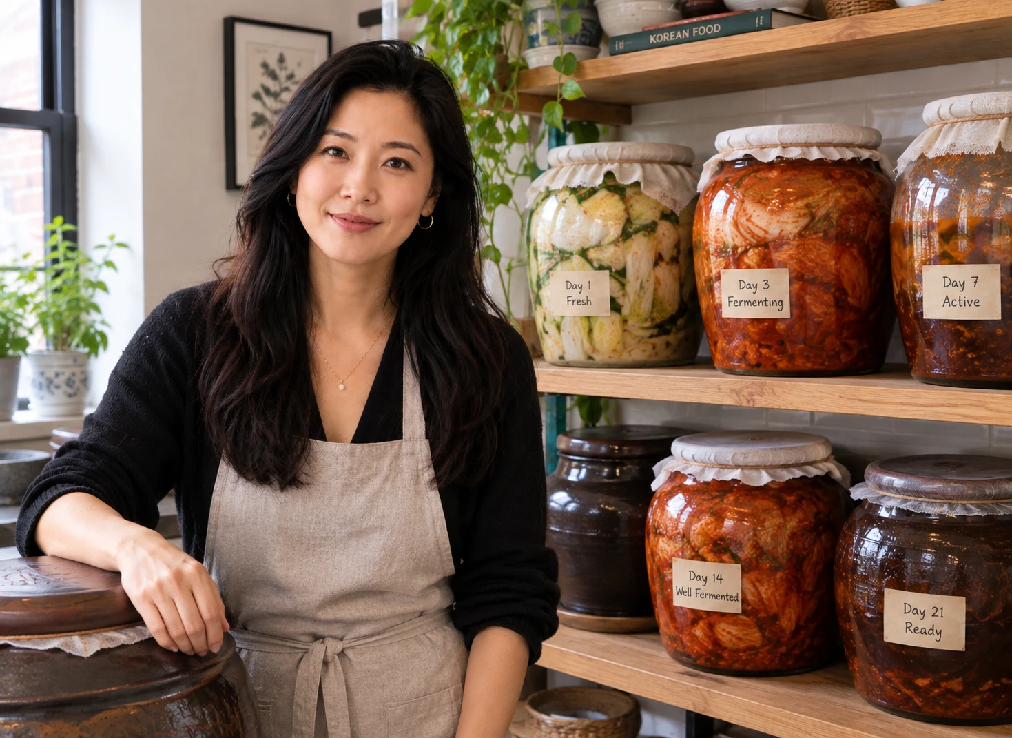 Multiple kimchi fermentation jars at different stages on kitchen shelf
