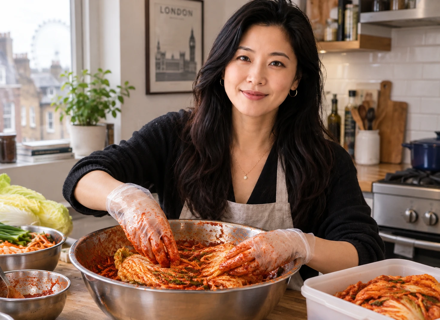 Ji-Young Park making kimchi at kitchen counter in London, wearing gloves, hands in gochugaru paste
