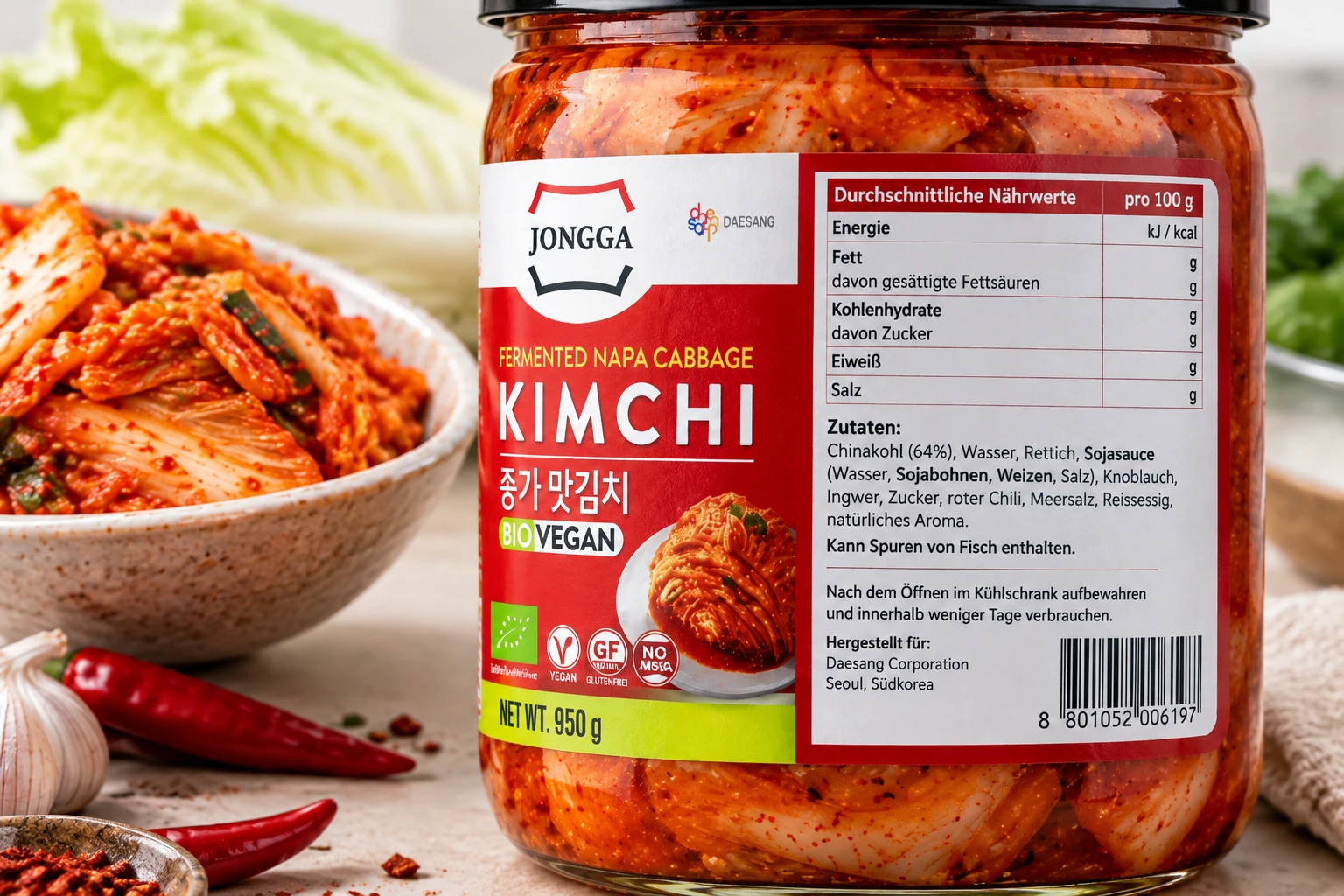 Jongga Kimchi Naehrwerte Etikett Nahaufnahme