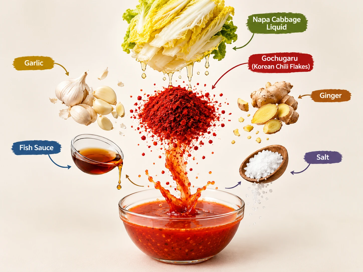 Exploded view diagram of kimchi juice pulled apart into its individual components — napa cabbage liquid, gochugaru, garlic, ginger, fish sauce, and salt