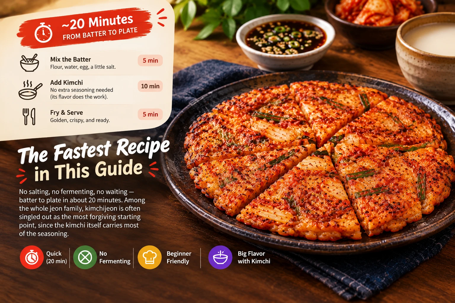 A finished kimchi pancake sliced into wedges, showing the fastest recipe in the kimchi recipes silo