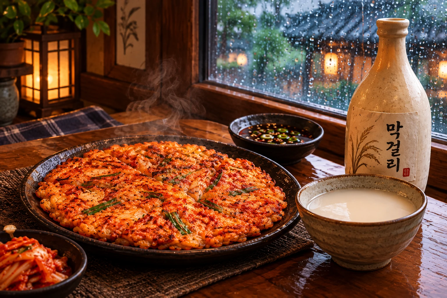 Kimchi pancake served with a bottle and cup of makgeolli Korean rice wine on a rainy day