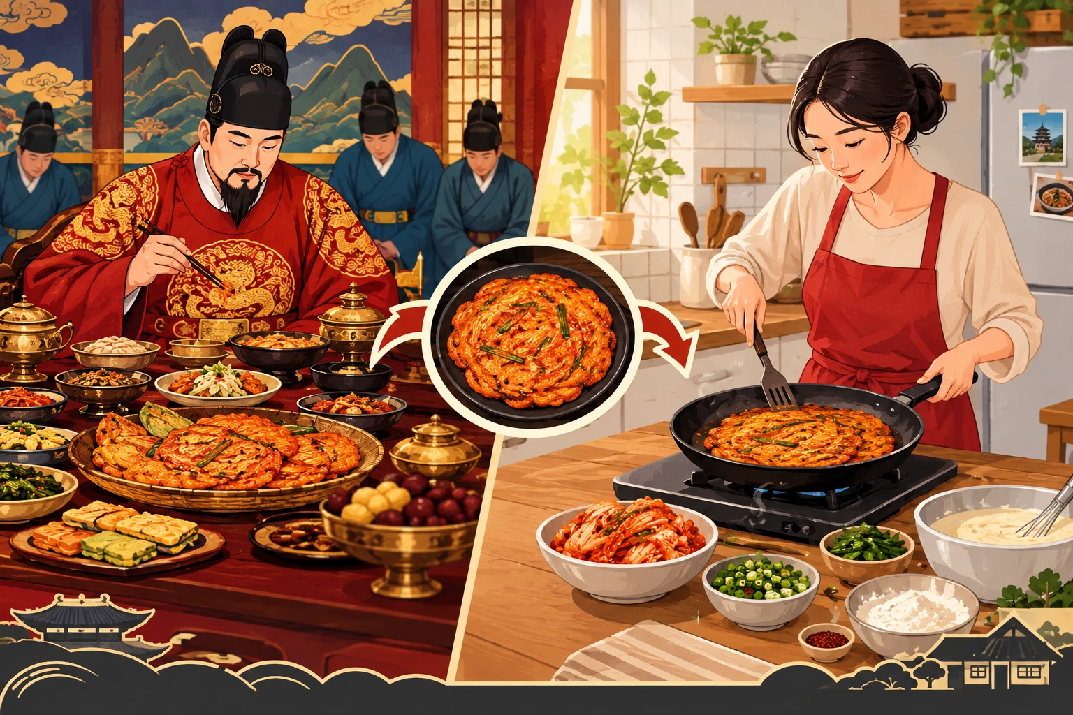 Illustration referencing the Joseon Dynasty royal-banquet origins of jeon alongside its everyday folk-food reputation