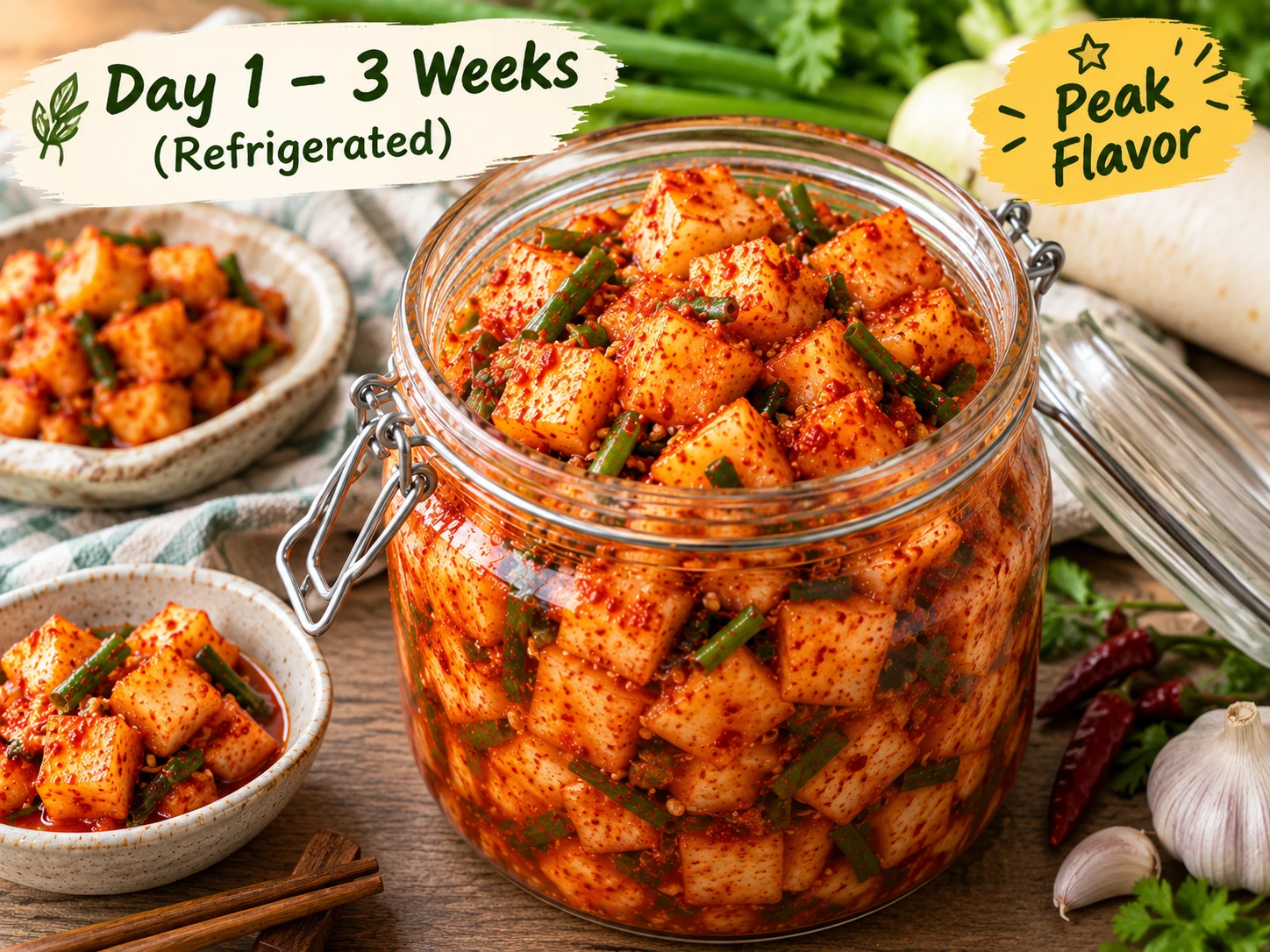 Ripe vegan kkakdugi at 1 to 3 weeks refrigerated, the correct stage with peak sour spicy flavor