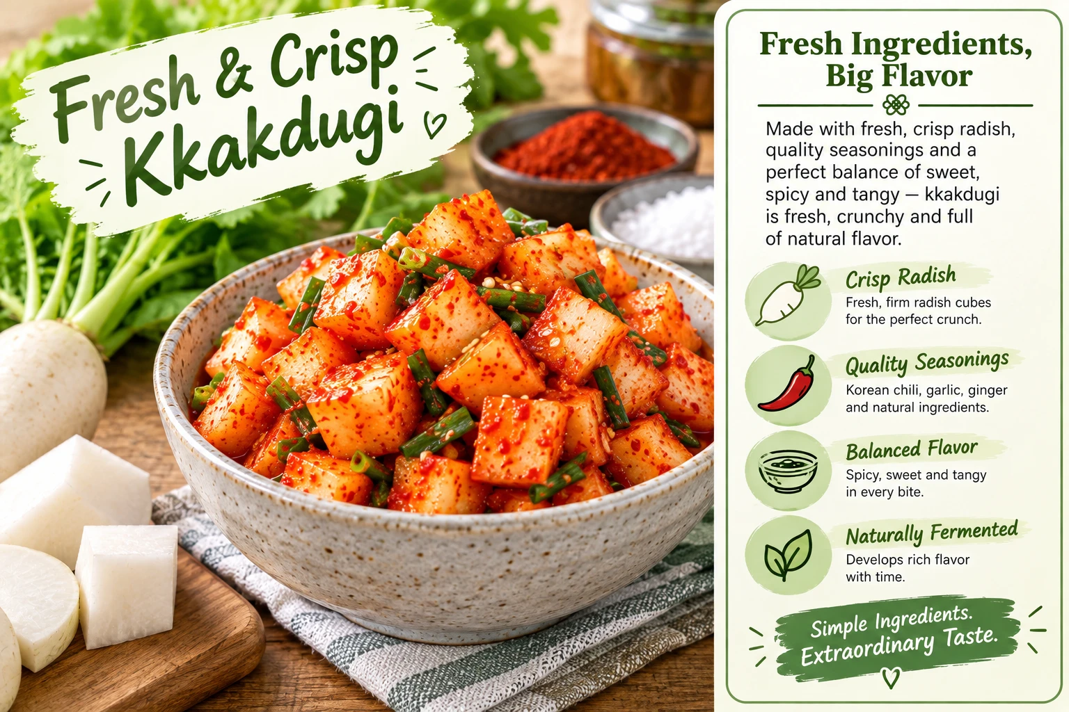 Freshly made kkakdugi with crisp bright radish cubes